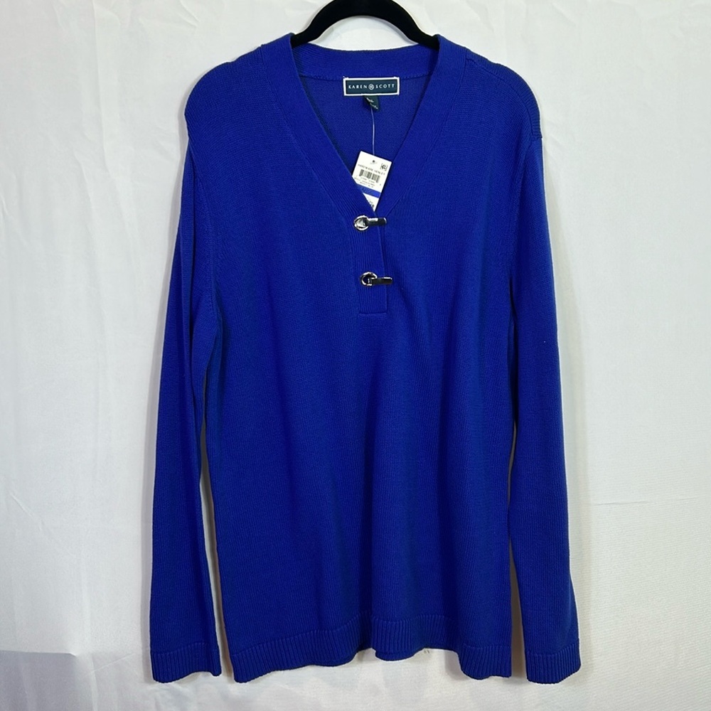 Karen Scott bright blue hardware Henley Sweater  size XL new tags V Neck